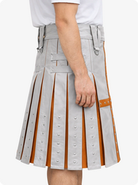 Light Gray kilt with brown accents worn by a person on a white background