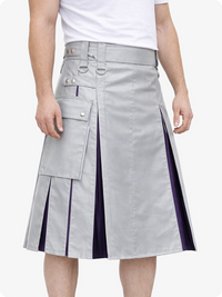 Light Gray kilt with purple accents worn by a person on a white background