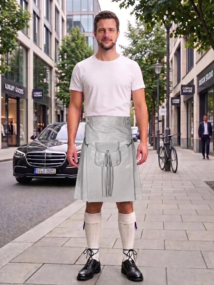 Light Grey Leather Utility Kilt with Sporran