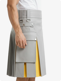 Gray kilt with yellow accents worn by a person on a white background