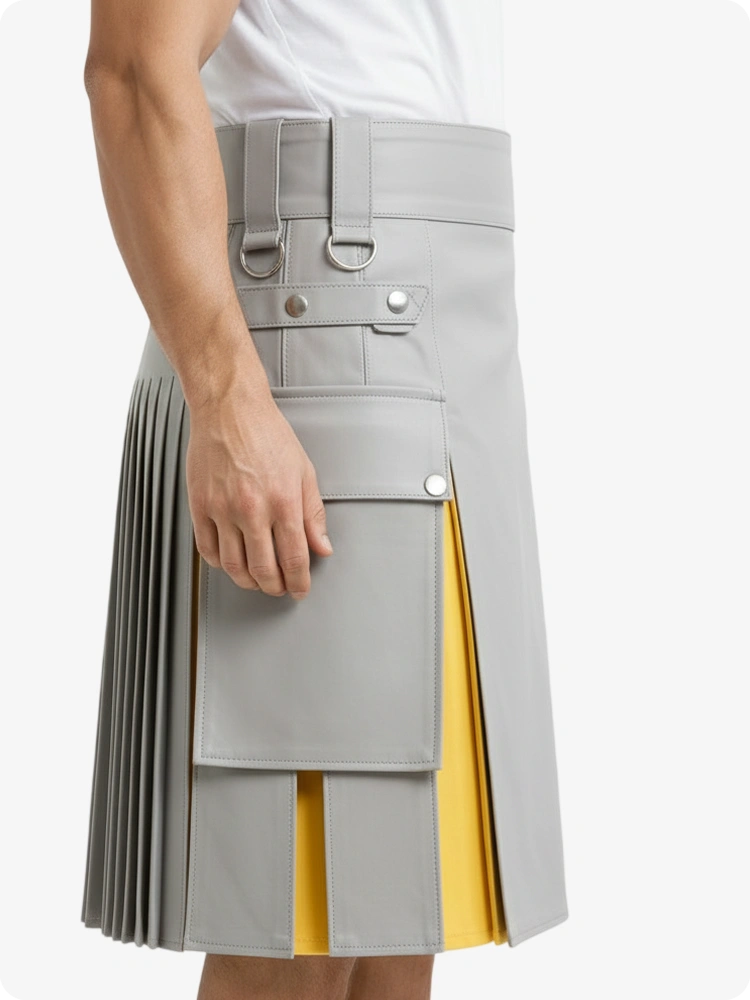 Light Grey & Yellow Leather Utility Kilt with Cargo Pockets