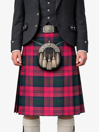 Person wearing a traditional Scottish kilt with a tartan pattern on a white background