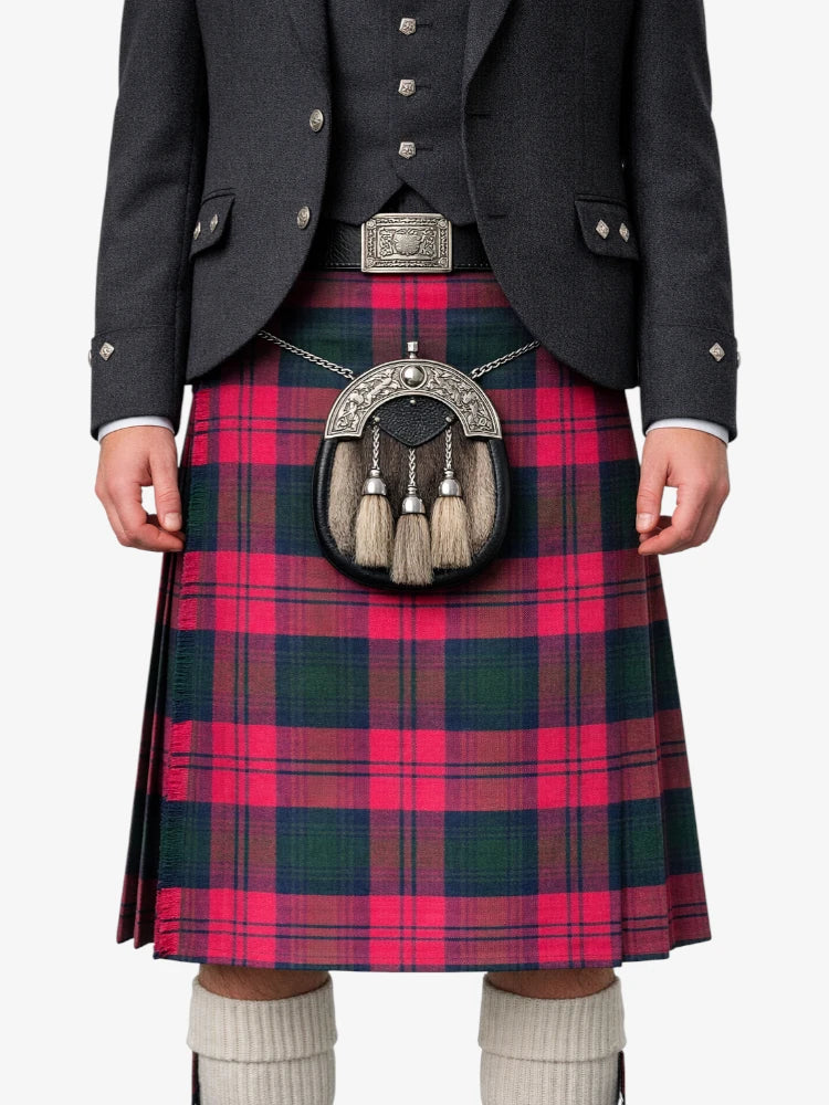 Person wearing a traditional Scottish kilt with a tartan pattern on a white background