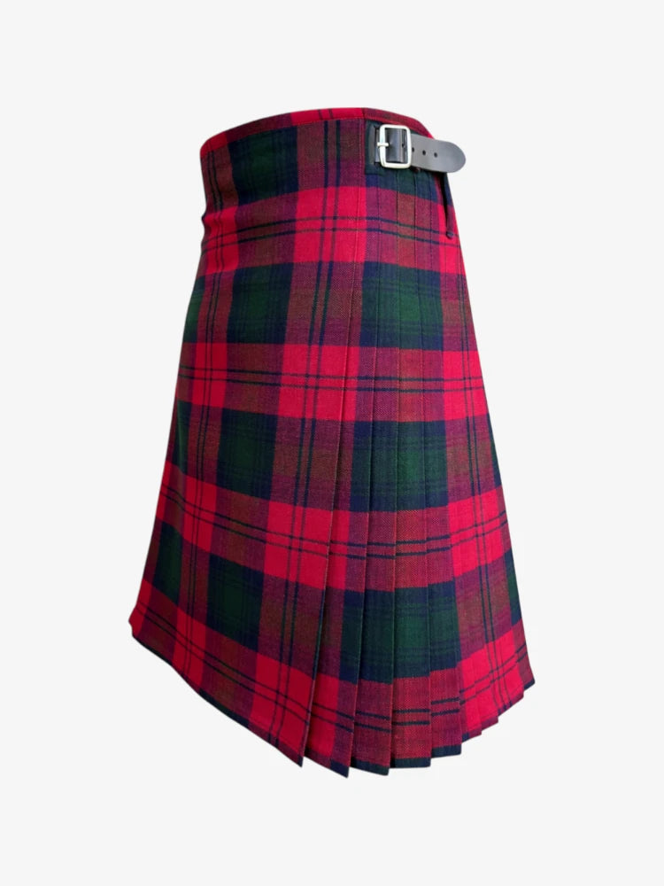 Red and green plaid kilt with a belt on a white background