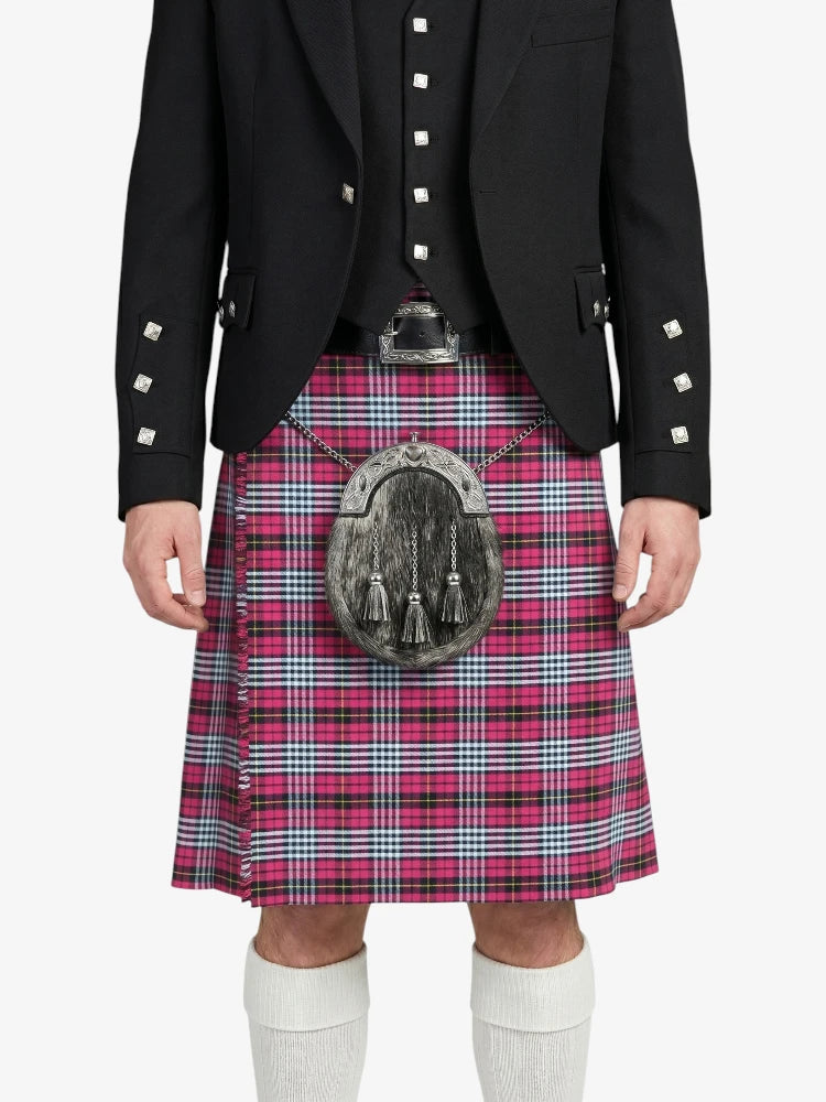 Person wearing a black jacket and red plaid kilt with a silver sporran on a white background