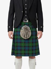 Person wearing a traditional Scottish kilt with a sporran on a white background