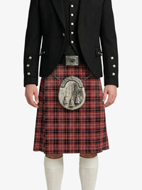 Person wearing a black jacket and red plaid kilt with a silver sporran on a white background