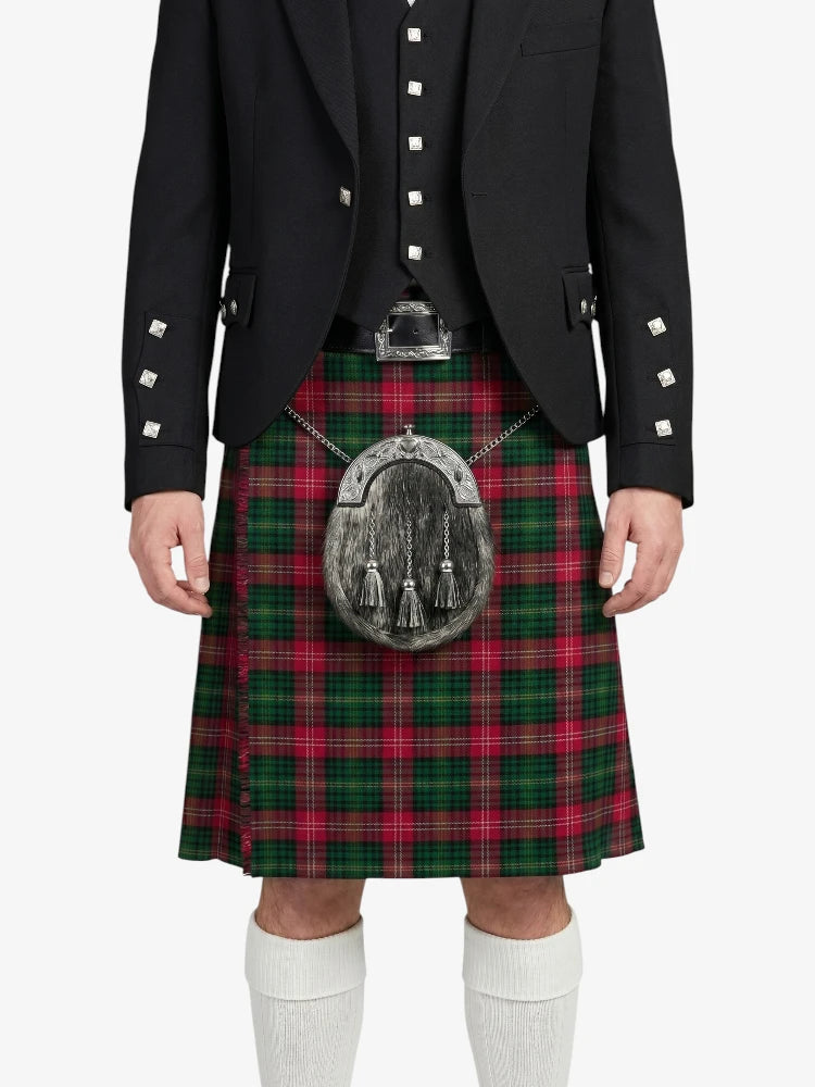 Person wearing a traditional Scottish kilt with a tartan pattern on a white background