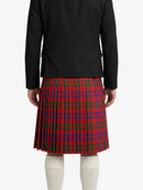 Person wearing a black jacket and red plaid kilt on a white background