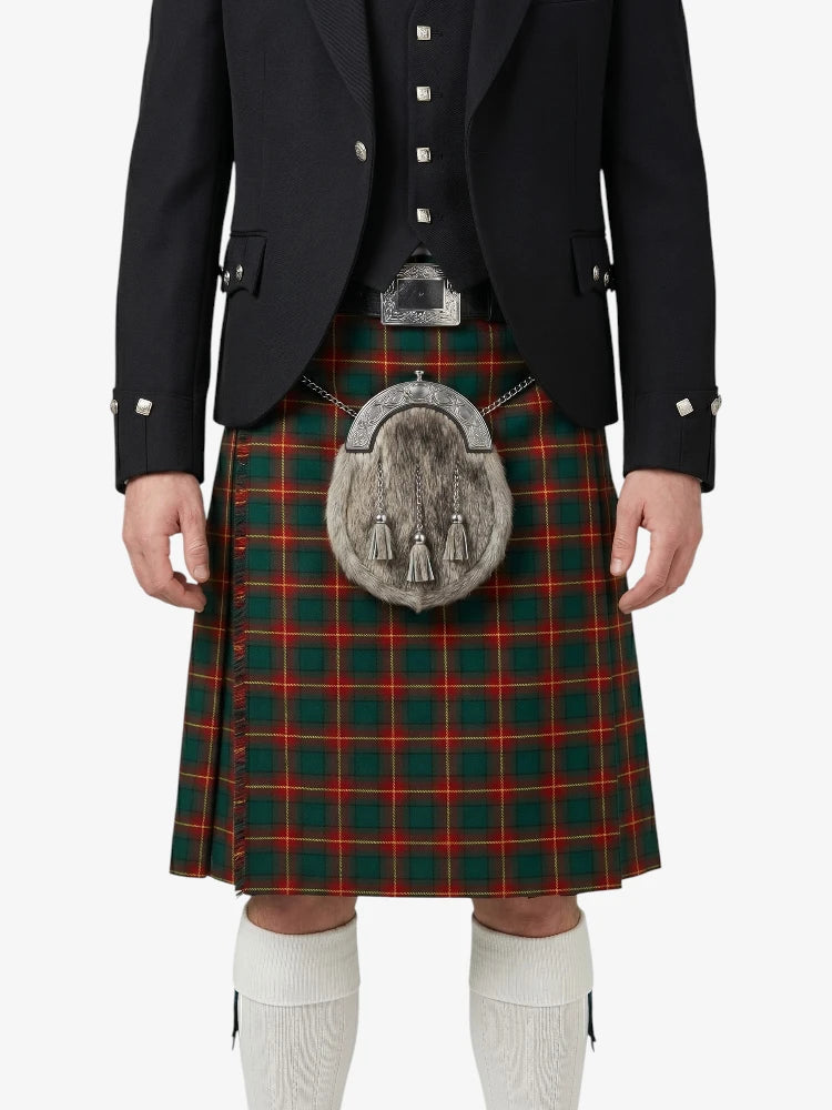 Person wearing a traditional Scottish kilt with a tartan pattern on a white background