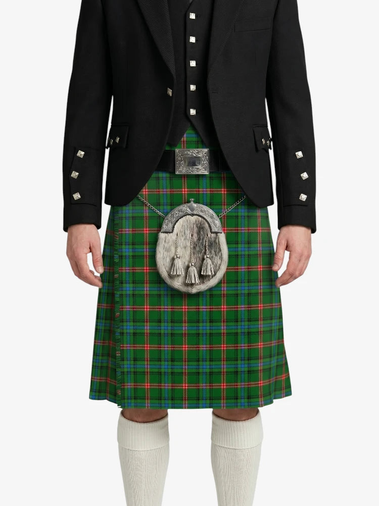 Person wearing a green plaid kilt with a black jacket on a white background