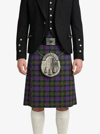 Person wearing a black jacket and tartan kilt with a silver sporran on a white background