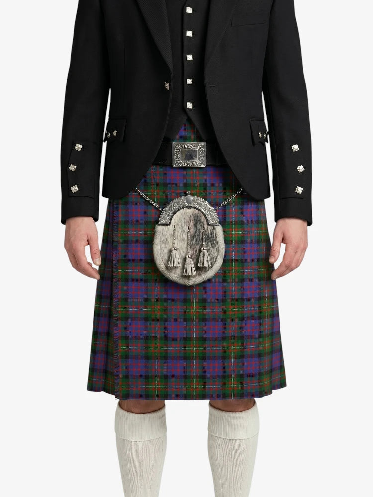 Person wearing a black jacket and tartan kilt with a silver sporran on a white background