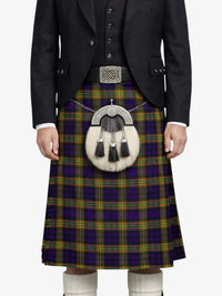 Person wearing a traditional Scottish kilt with a tartan pattern on a white background