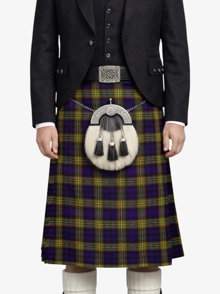Person wearing a traditional Scottish kilt with a tartan pattern on a white background
