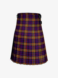 Plaid kilt with a purple and green pattern on a white background
