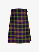 Plaid kilt with green, purple, and orange pattern on a white background