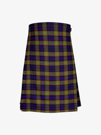Plaid kilt with green, purple, and orange pattern on a white background