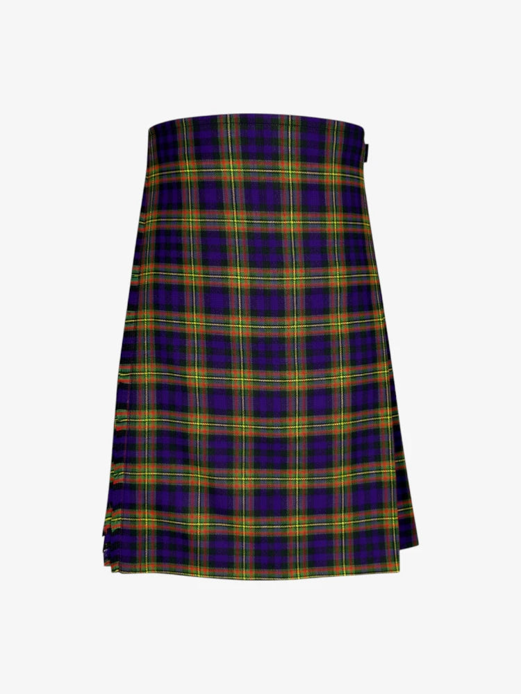 Plaid kilt with green, purple, and orange pattern on a white background