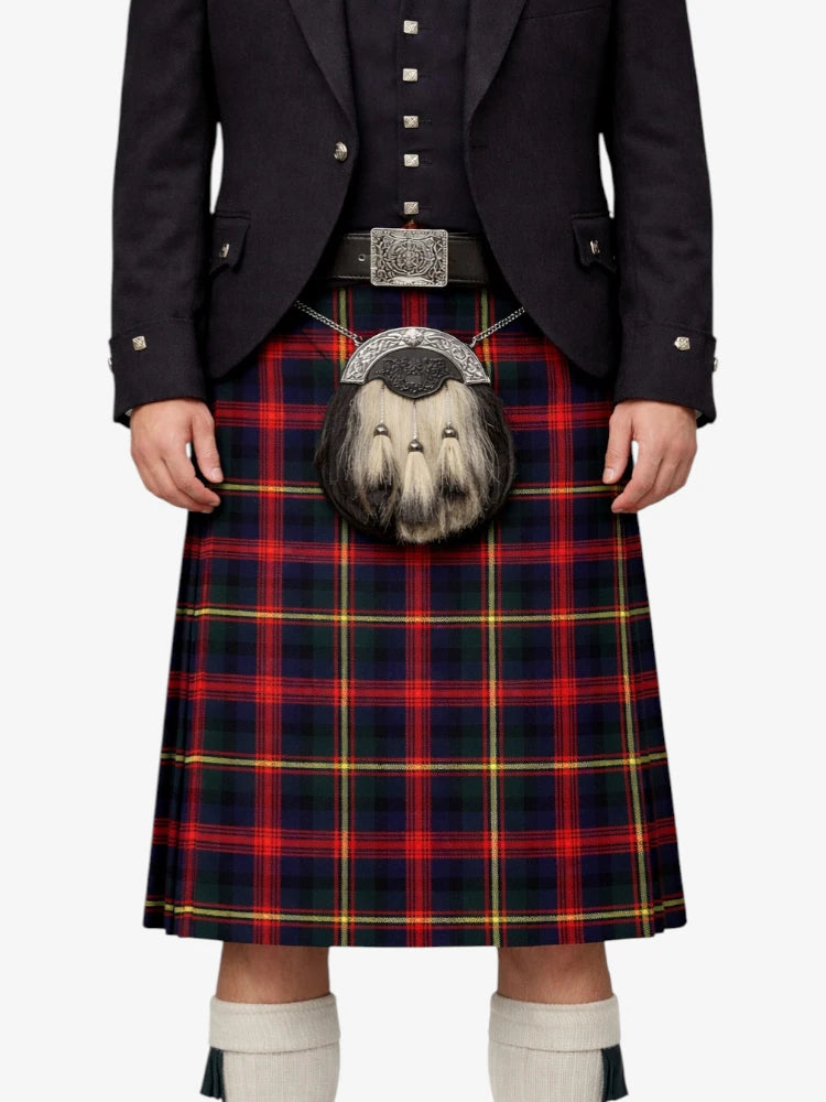 Person wearing a traditional Scottish kilt with a visible tartan pattern on a white background