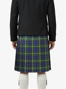 Person wearing a black jacket and plaid kilt on a white background