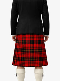 Person wearing a black jacket and red plaid kilt on a white background