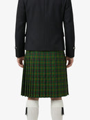 Person wearing a black jacket and green plaid kilt on a white background