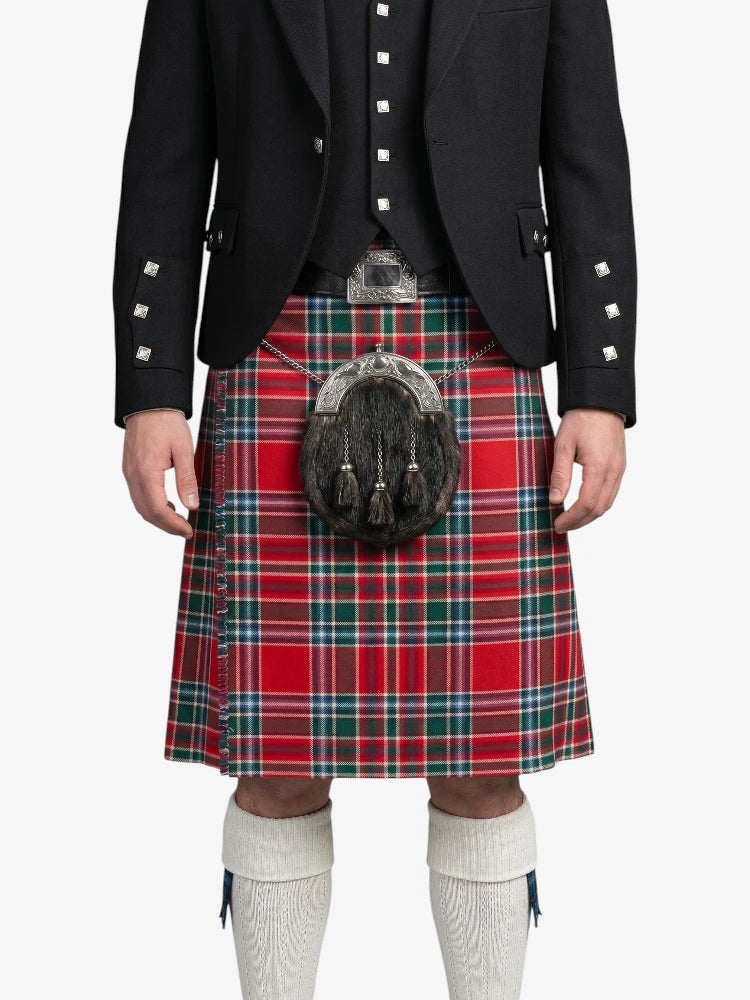 Person wearing a black jacket with decorative buttons, a red plaid kilt, and a sporran on a white background.