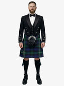 Man wearing a traditional Scottish mackenzie tartan kilt with a white background