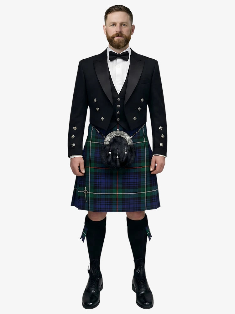 Man wearing a traditional Scottish mackenzie tartan kilt with a white background