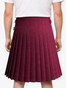 Maroon pleated skirt worn by a person on a white background