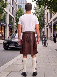 A man standing on a city sidewalk, viewed from behind, wearing a dark brown leather kilt with lace-up detailing, a white t-shirt, white knee-high socks, and black shoes. Buildings, trees, a black Mercedes-Benz, and a bicycle are visible in the background.