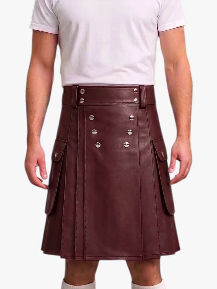 A person wearing a dark brown faux-leather kilt with silver-tone double-breasted buttons and side cargo pockets, paired with a white t-shirt and white socks, shown against a plain white background.