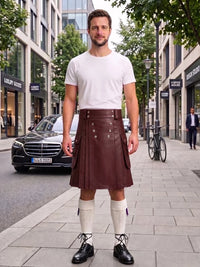 A man stands on a city sidewalk wearing a dark brown leather kilt, a white t-shirt, white knee-high socks, and black leather shoes. The background shows a street with buildings, a black Mercedes-Benz car, and a bicycle.