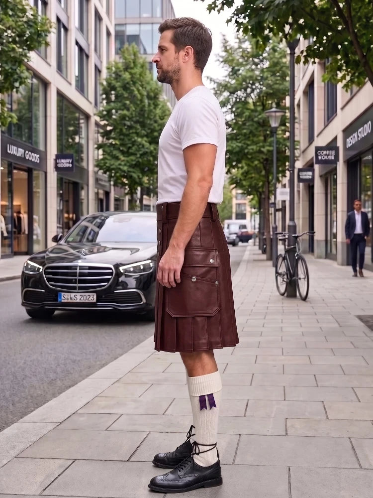 A man standing on a city sidewalk wearing a dark burgundy leather kilt, white t-shirt, white socks, and black leather shoes. A black Mercedes-Benz car is parked on the street behind him, with trees and storefronts in the background.