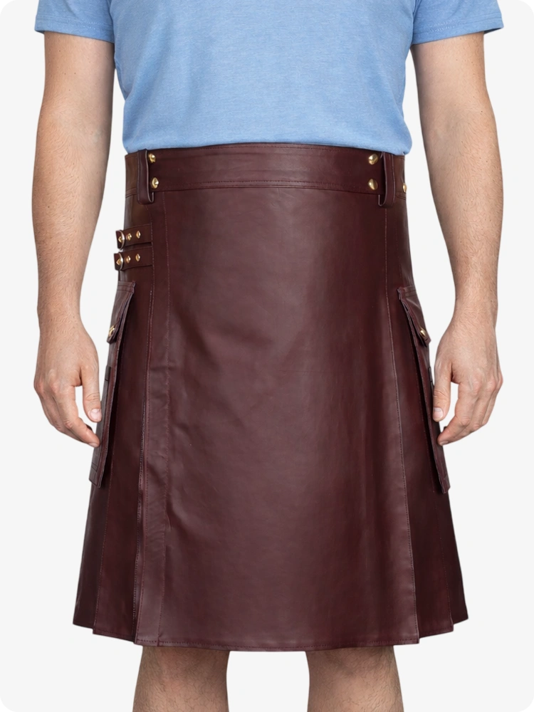 Maroon Genuine Leather Utility Kilt with Side Pockets