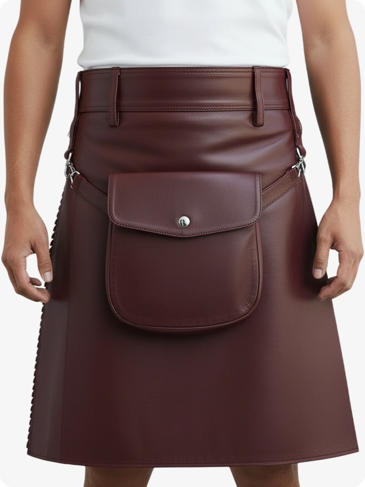 Maroon Leather Pleated Kilt with Belt Loops & Side Straps