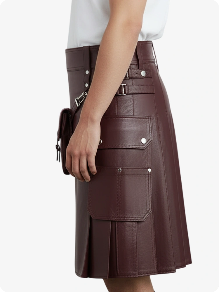 Maroon pleated kilt worn by a person on a white background
