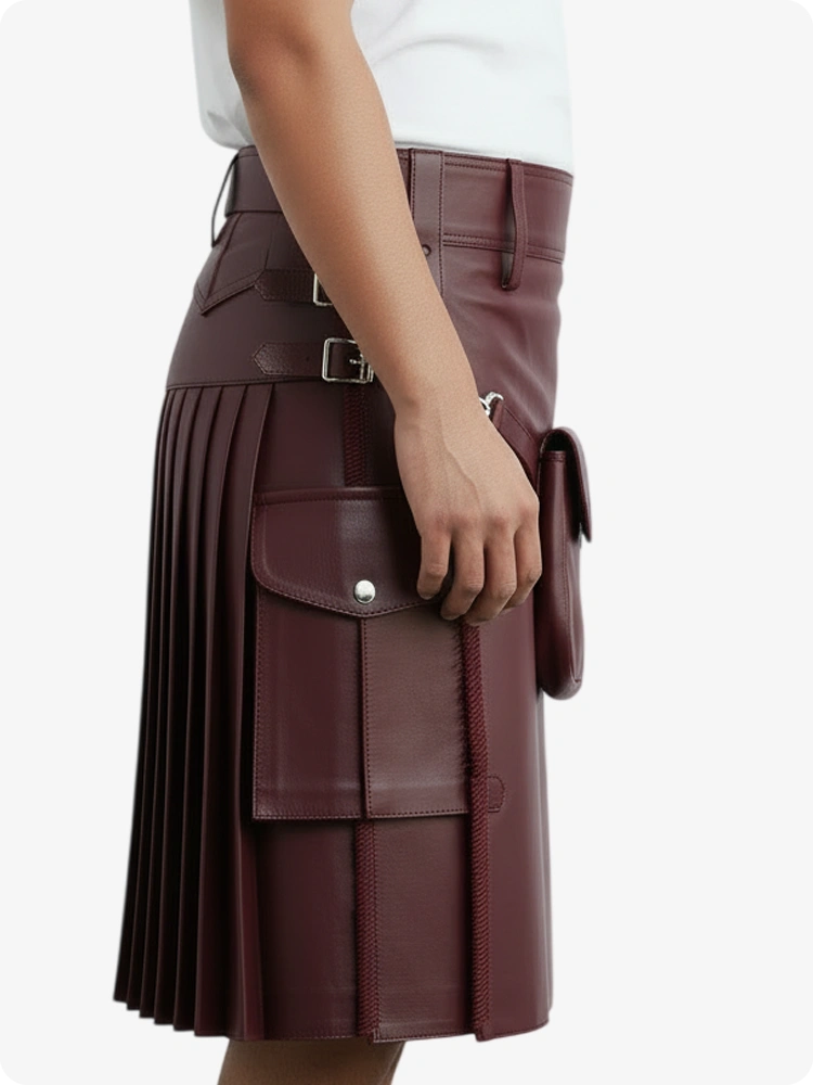 Maroon Leather Pleated Kilt with Belt Loops & Side Straps
