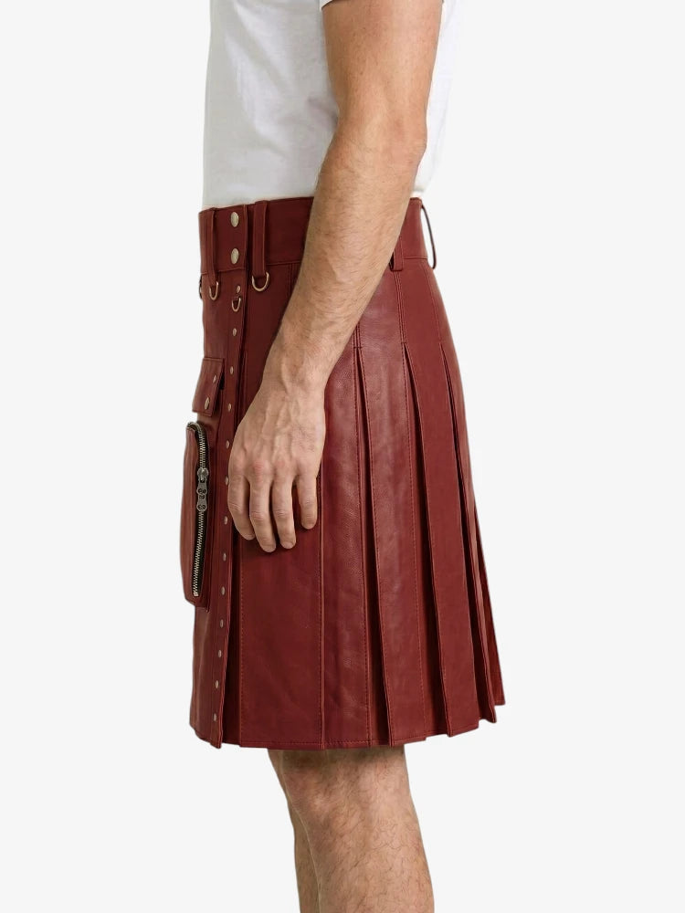Maroon Leather Utility Kilt Left