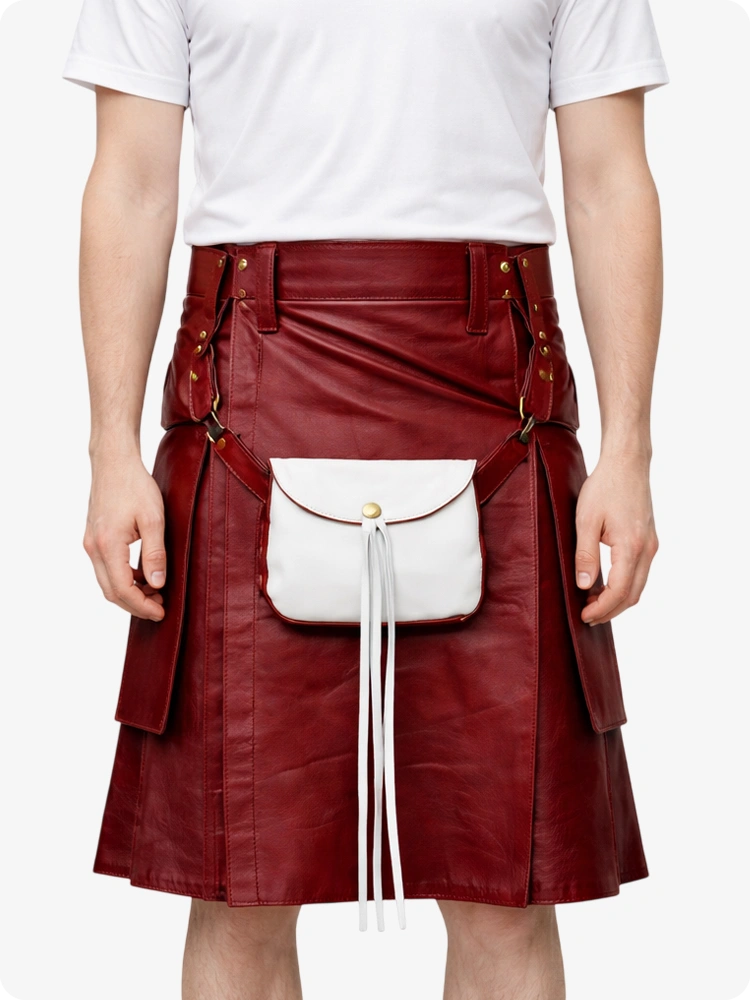 Maroon Leather Utility Kilt with Front Sporran