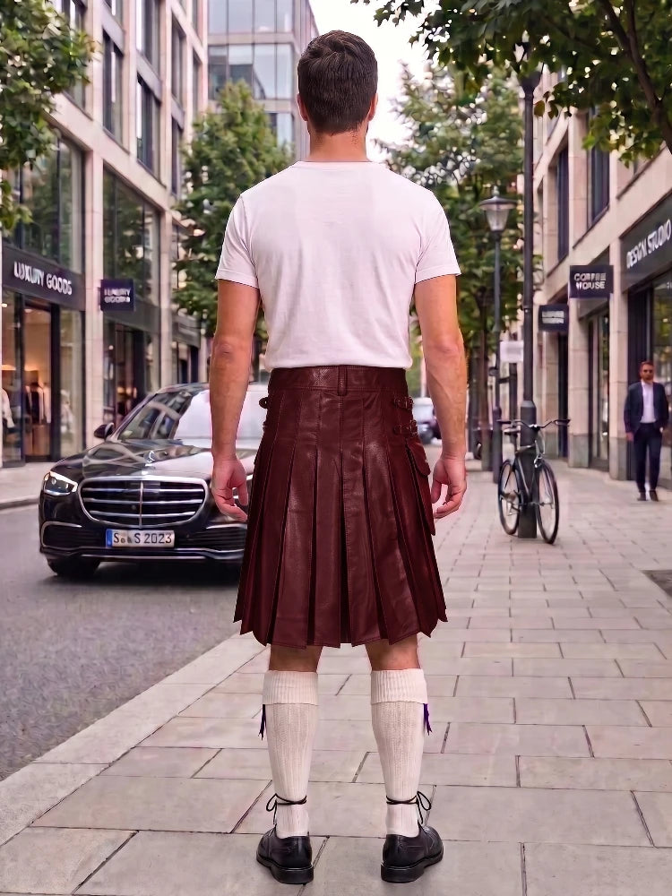 Maroon Leather Utility Kilt with Sporran