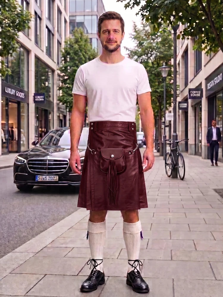 Maroon Leather Utility Kilt with Sporran