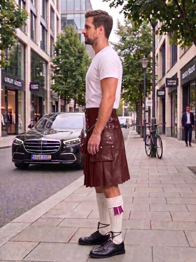 A man standing on a city sidewalk wearing a brown leather kilt, white t-shirt, white socks, and black shoes, with a Mercedes-Benz and city buildings in the background.