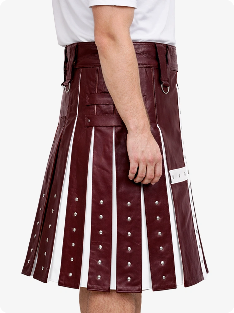 Maroon Leather Utility Kilt with White Cross Panel & Metal Rivet Detailing