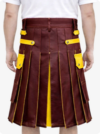 Maroon Leather Utility Kilt with Yellow Accents & Detachable Pockets