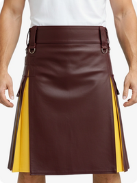 Brown leather kilt with yellow accents worn by a person on a white background