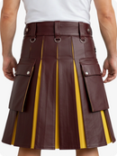 Brown leather kilt with yellow accents worn by a person on a white background
