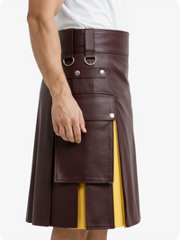 Brown leather kilt with yellow lining worn by a person on a white background