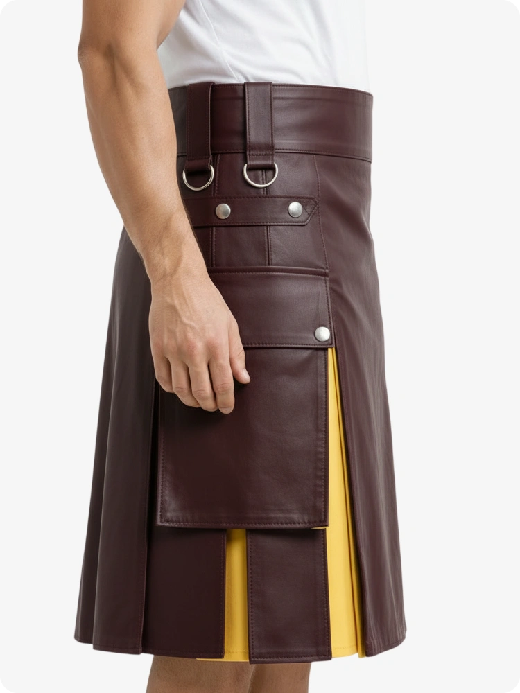 Brown leather kilt with yellow lining worn by a person on a white background